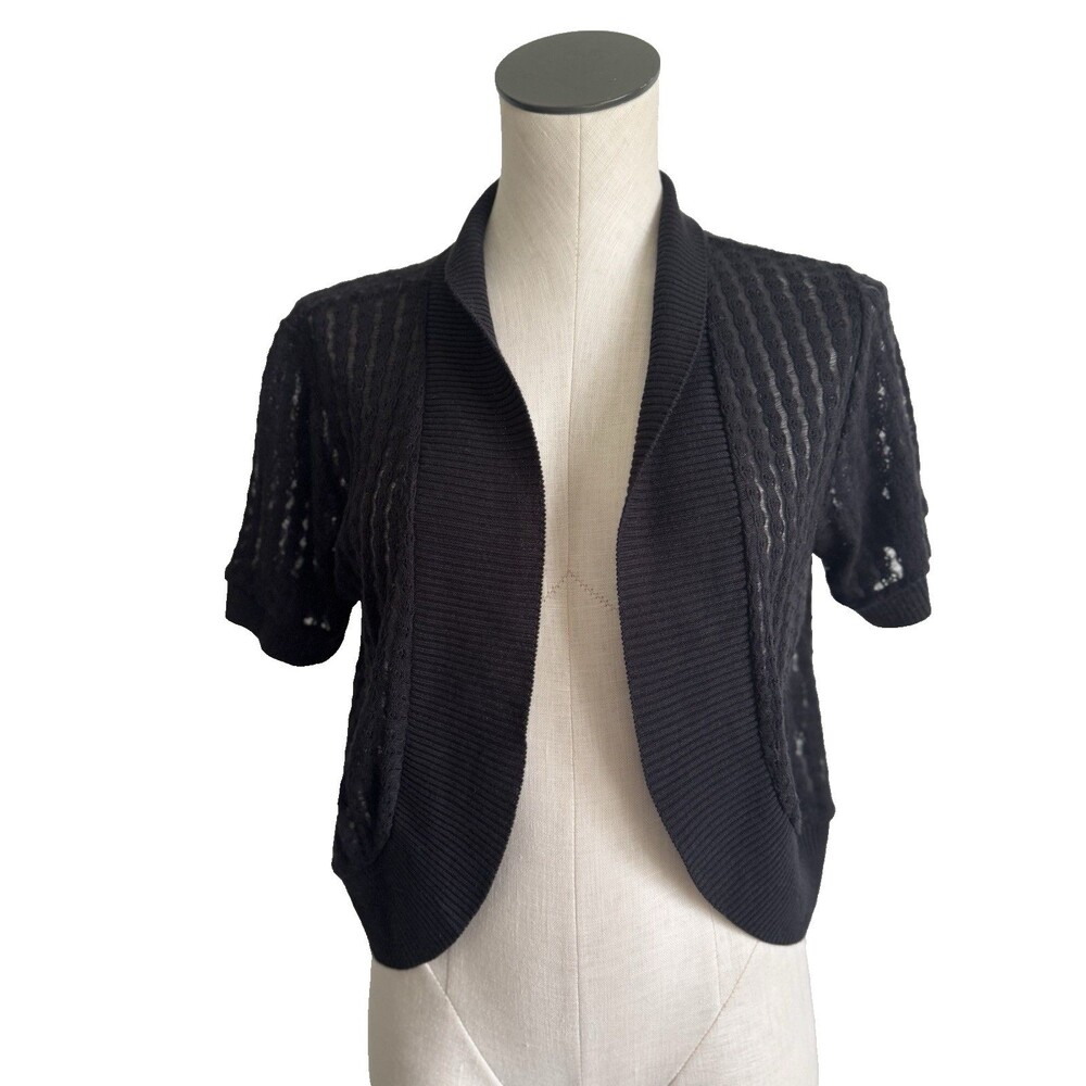 Womens Notations Open Front Cropped Sweater Cardigan Shrug Short Sleeve Black L